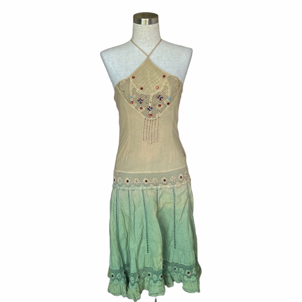 🌠 Karma Highway Beige/ Mint Ombre Embroidered Midi Dress boho 90’s style 📟